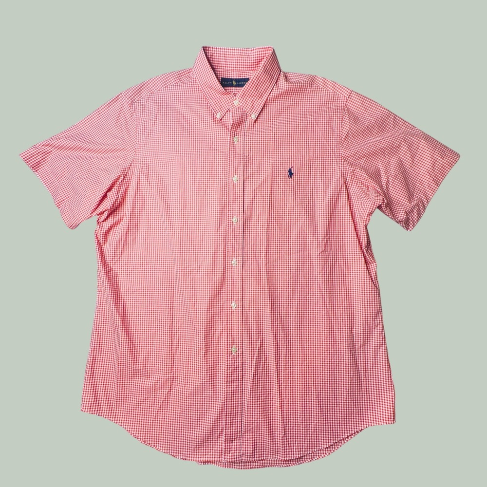 Ralph Lauren Shirt Mens XL Short Sleeve Gingham Orange White Button Down Pony - Picture 2 of 11